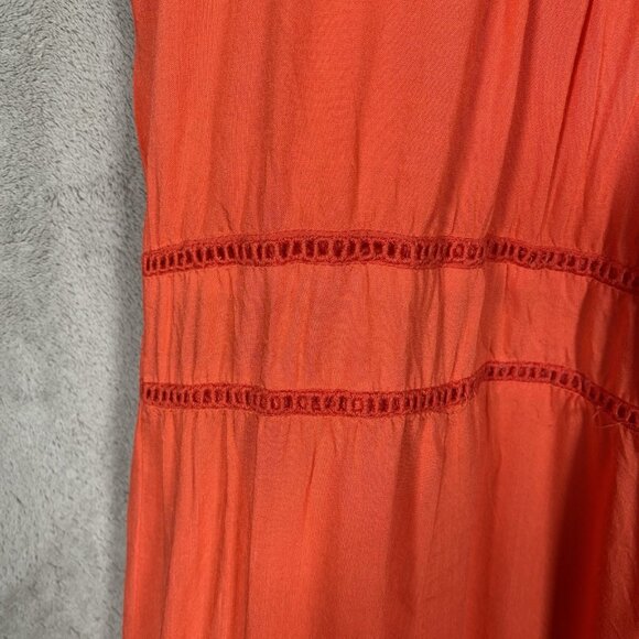 Old Navy Coral Orange Midi Dress w/ Slip M Pintuck Pleat Embroidery Boho Peasant - Picture 6 of 16
